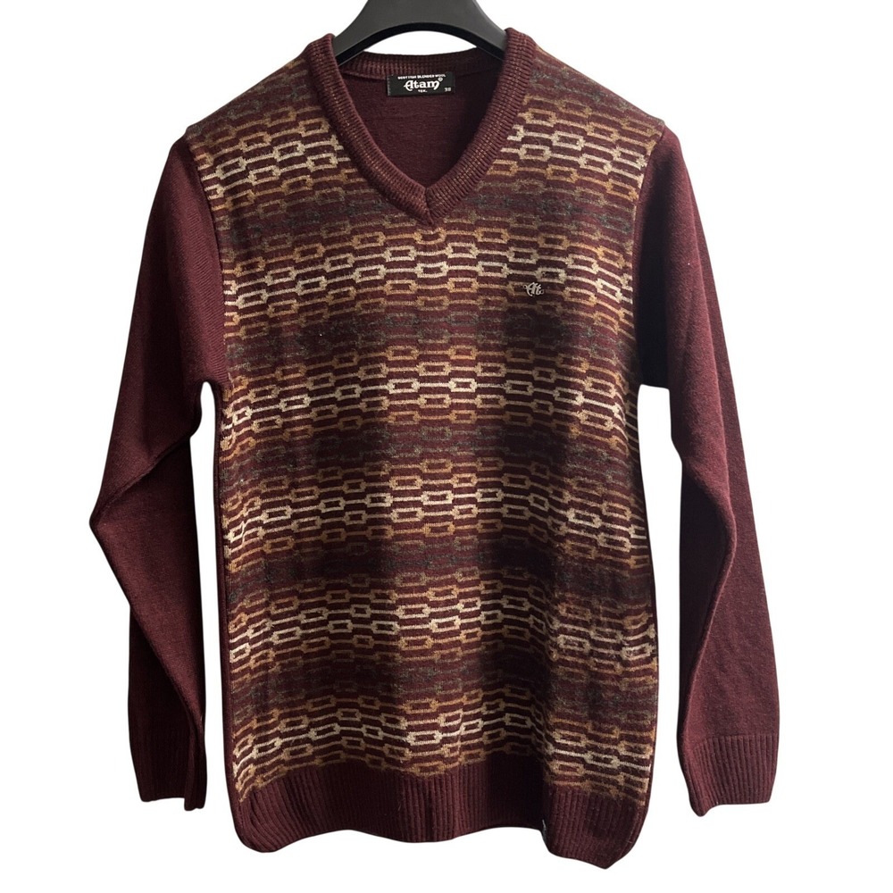 Atam Sweater Scottish Blend Wool Premium Pullover Mens‎ 38 M Maroon Geometric